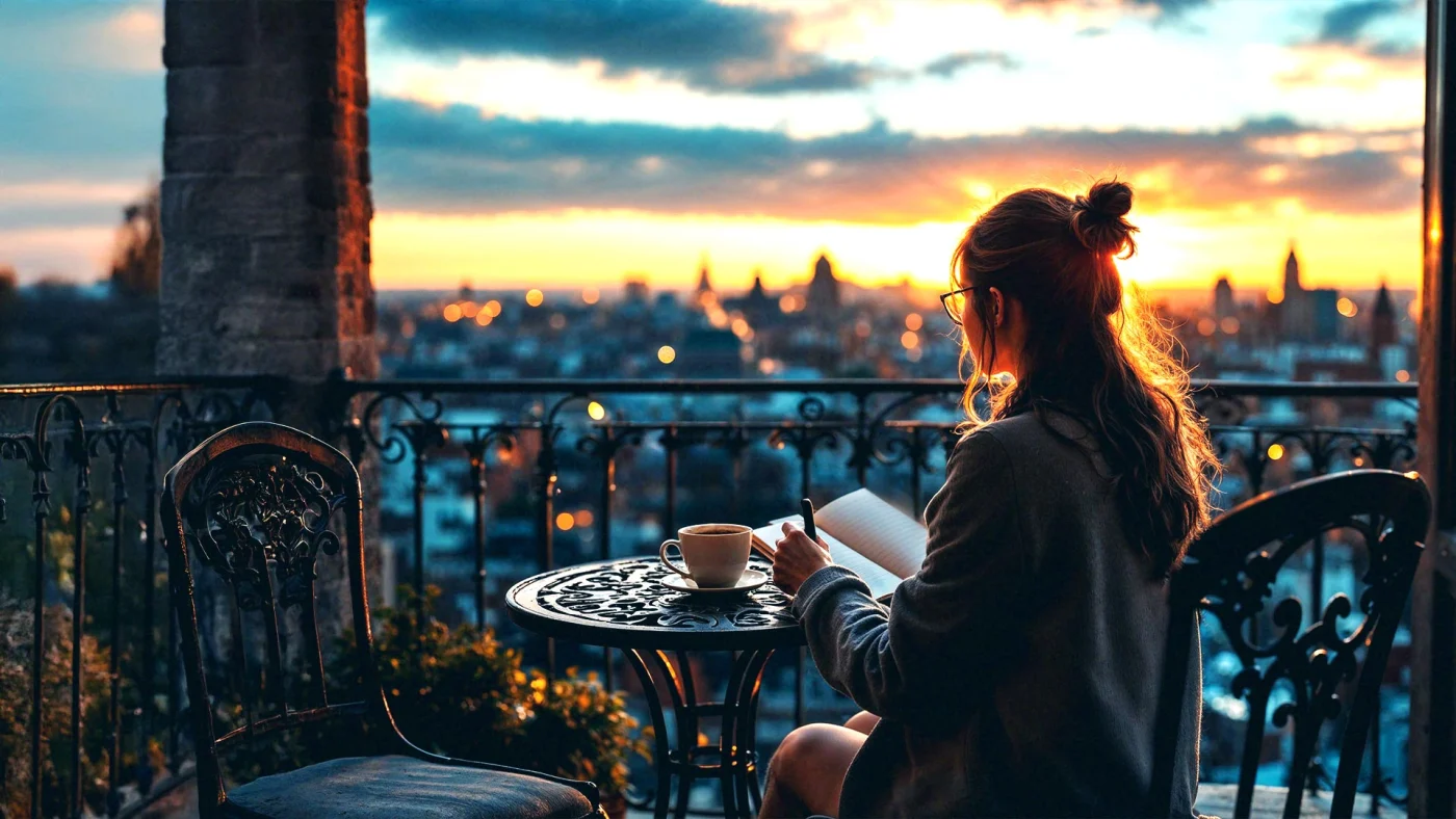 Mulher tomando um café numa varanda com Paris ao entardecer ao fundo